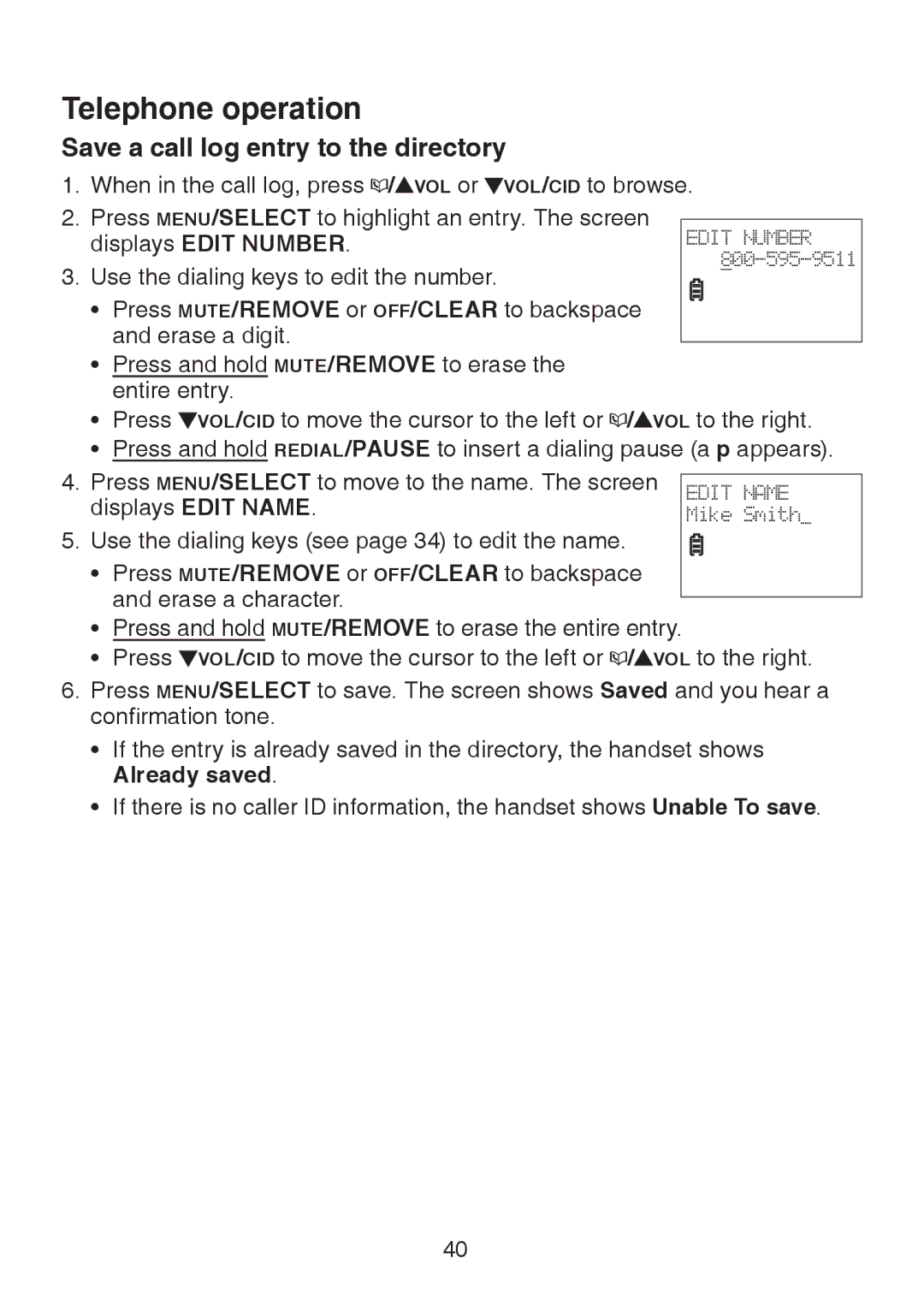 VTech LS6326-5, LS6325-3, LS6325-4, LS6325-5 user manual Save a call log entry to the directory, Displays Edit Number 