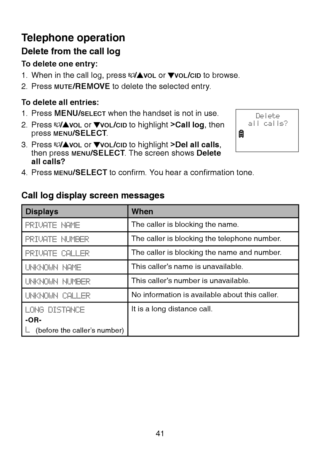 VTech LS6325-3 Delete from the call log, Call log display screen messages, To delete one entry, To delete all entries 