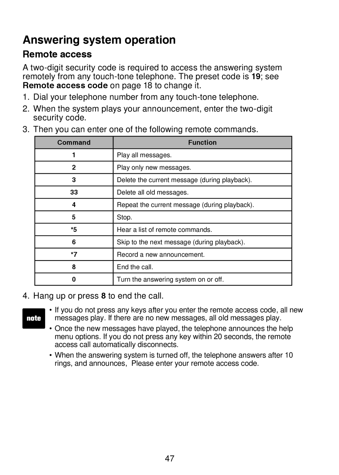 VTech LS6325-4, LS6325-3, LS6325-5, LS6326-5 user manual Remote access, Command Function 