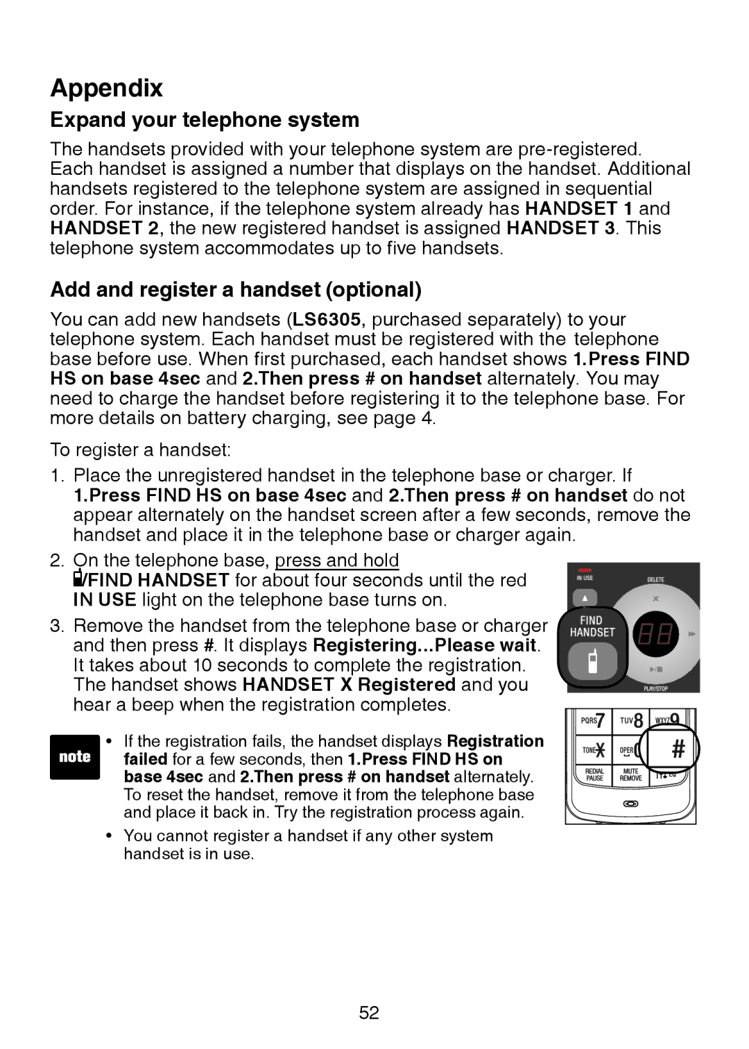 VTech LS6325-4, LS6325-3, LS6325-5, LS6326-5 user manual Expand your telephone system, Add and register a handset optional 