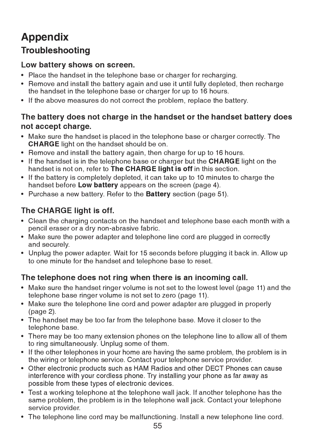 VTech LS6326-5 Low battery shows on screen, Charge light is off, Telephone does not ring when there is an incoming call 