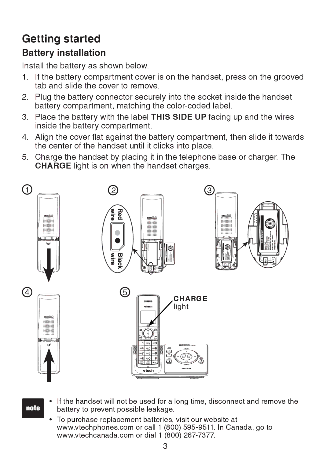 VTech LS6325-3, LS6325-4, LS6325-5, LS6326-5 user manual Battery installation, Charge light 