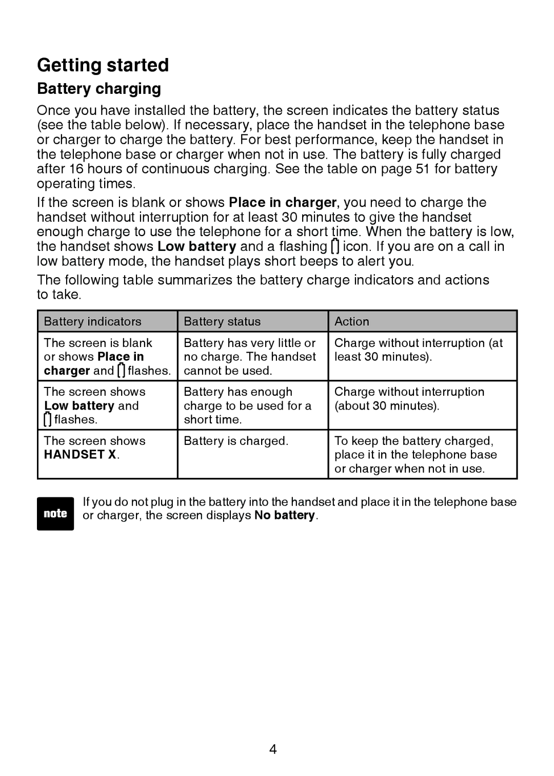 VTech LS6325-5, LS6325-3, LS6325-4, LS6326-5 user manual Battery charging, Low battery 