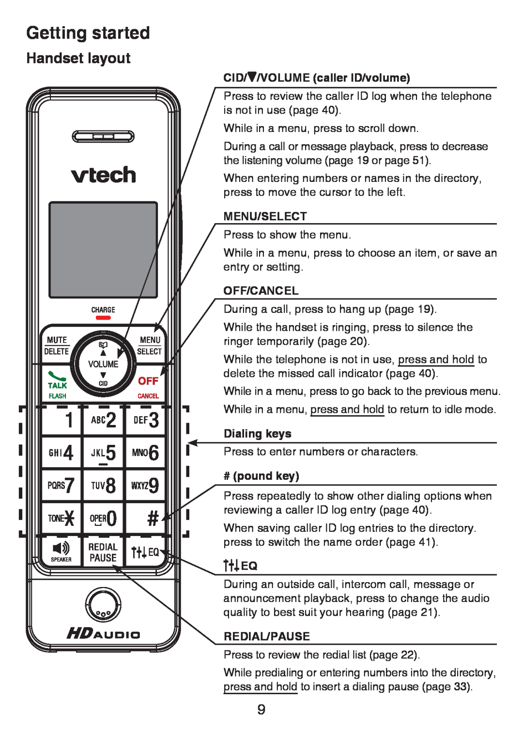 VTech LS6425-4 Getting started, Handset layout, CID//VOLUME caller ID/volume, Menu/Select, Off/Cancel, Dialing keys 