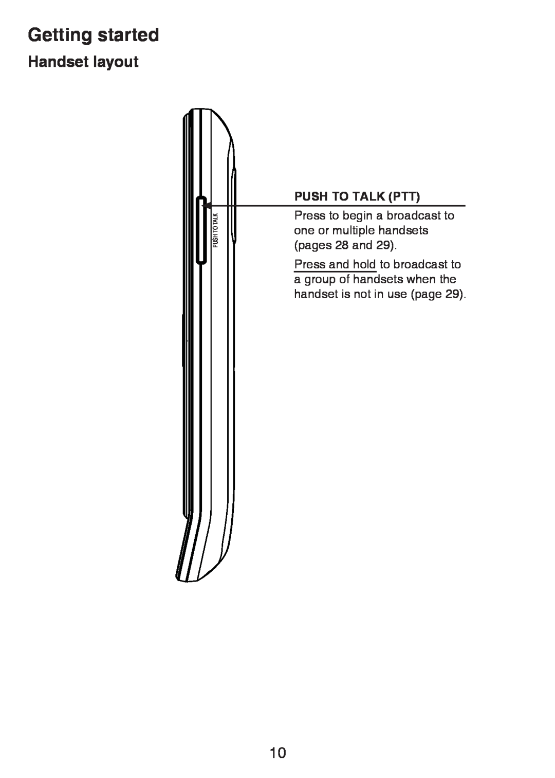 VTech LS6425-3, LS6426-3, LS6425-4, LS6426-4, LS6425-2 user manual Getting started, Handset layout, Push To Talk Ptt 