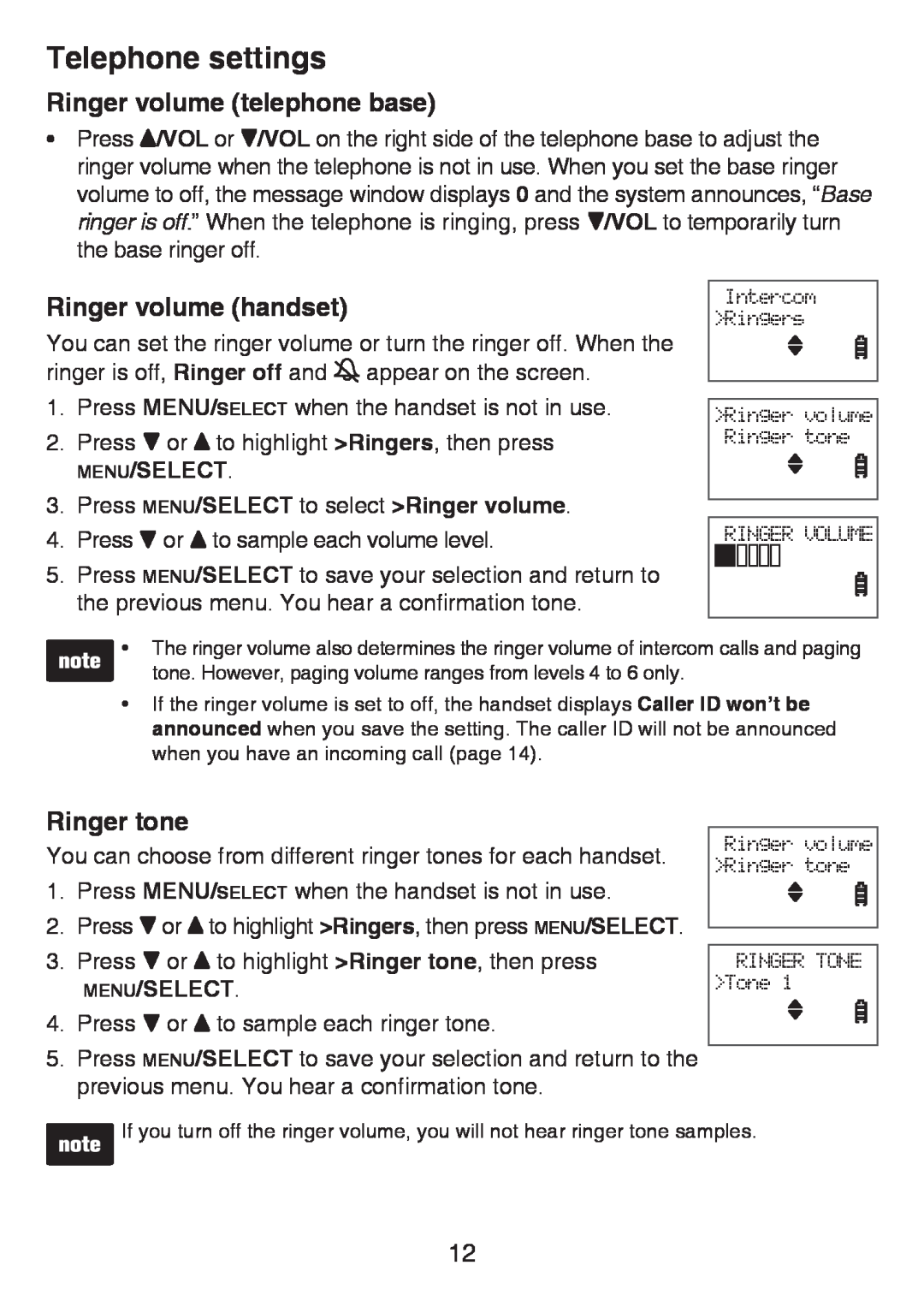 VTech LS6426-4, LS6426-3 Ringer volume telephone base, Ringer volume handset, Ringer tone, Menu/Select, Telephone settings 