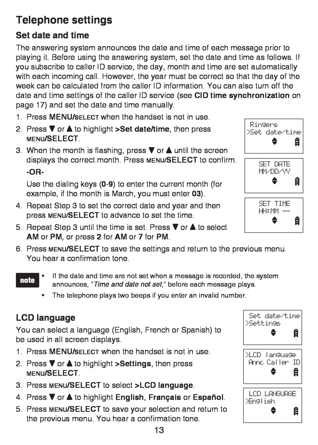 VTech LS6425-2 Set date and time, MENU/SELECT 3. Press MENU/SELECT to select LCD language, Telephone settings 