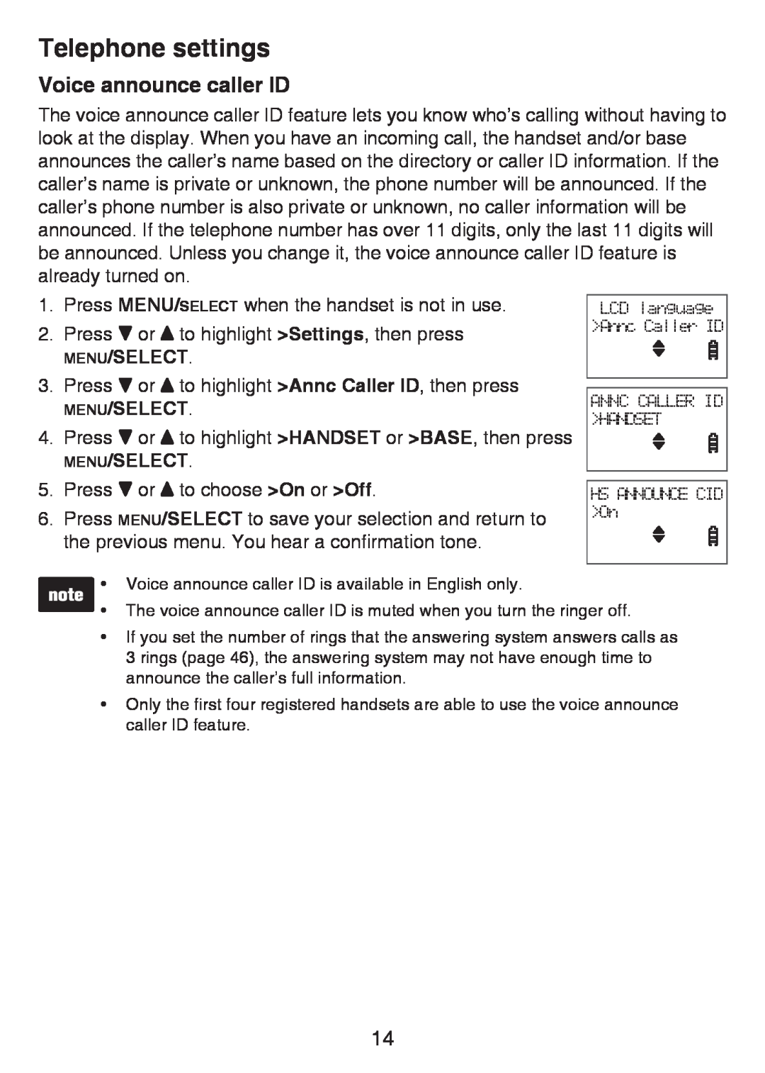 VTech LS6426-3, LS6425-4, LS6425-3, LS6426-4, LS6425-2 user manual Voice announce caller ID, Telephone settings, Menu/Select 