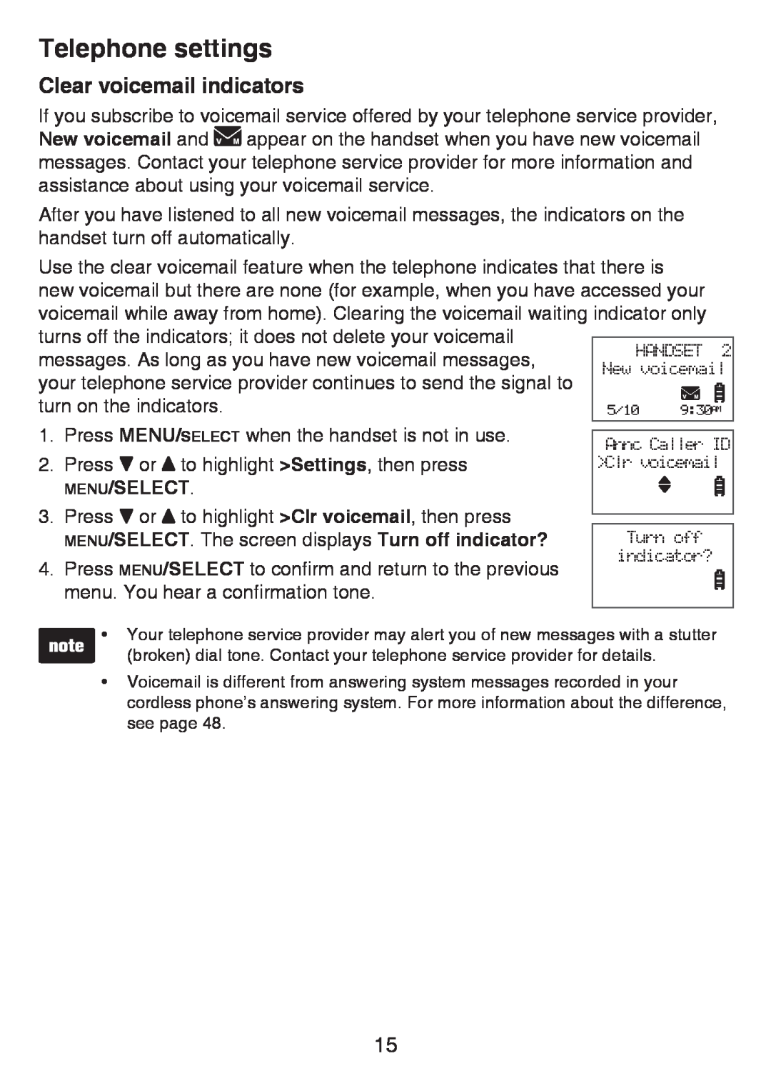 VTech LS6425-4, LS6426-3, LS6425-3, LS6426-4, LS6425-2 user manual Clear voicemail indicators, Telephone settings, Menu/Select 