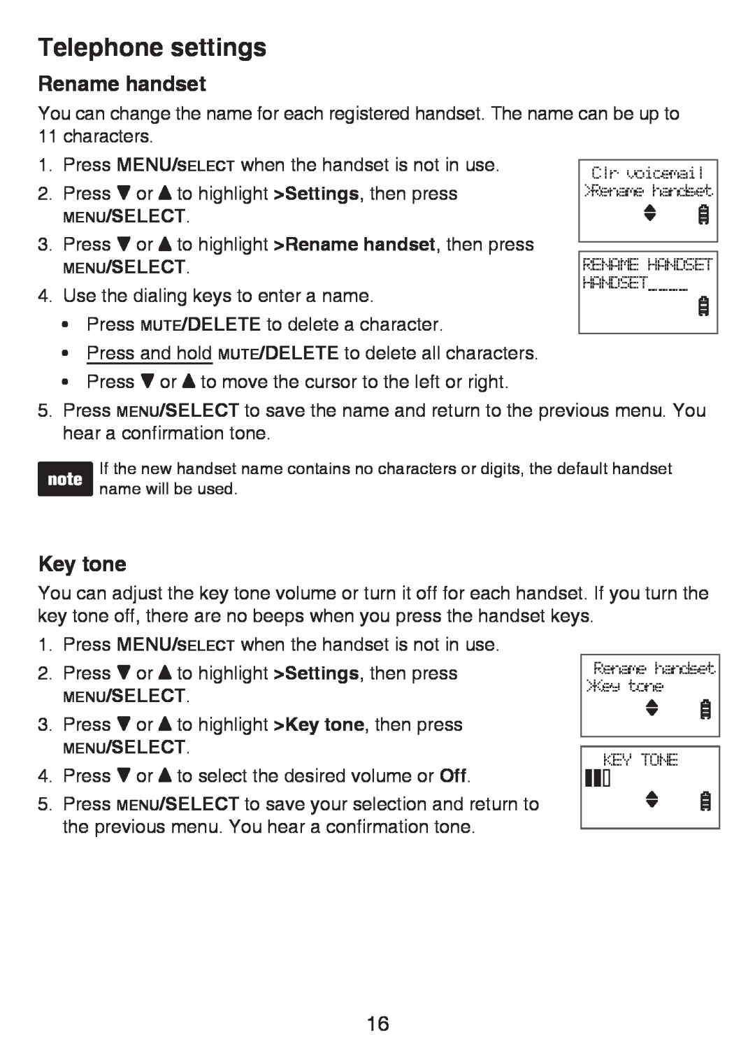 VTech LS6425-3, LS6426-3, LS6425-4, LS6426-4, LS6425-2 user manual Rename handset, Key tone, Telephone settings, Menu/Select 