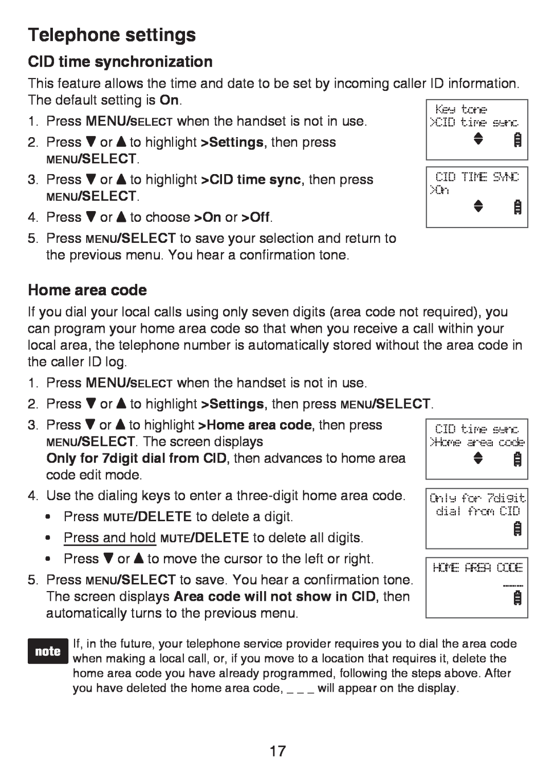 VTech LS6426-3, LS6425-4, LS6425-3, LS6426-4 CID time synchronization, Home area code, Telephone settings, Menu/Select 