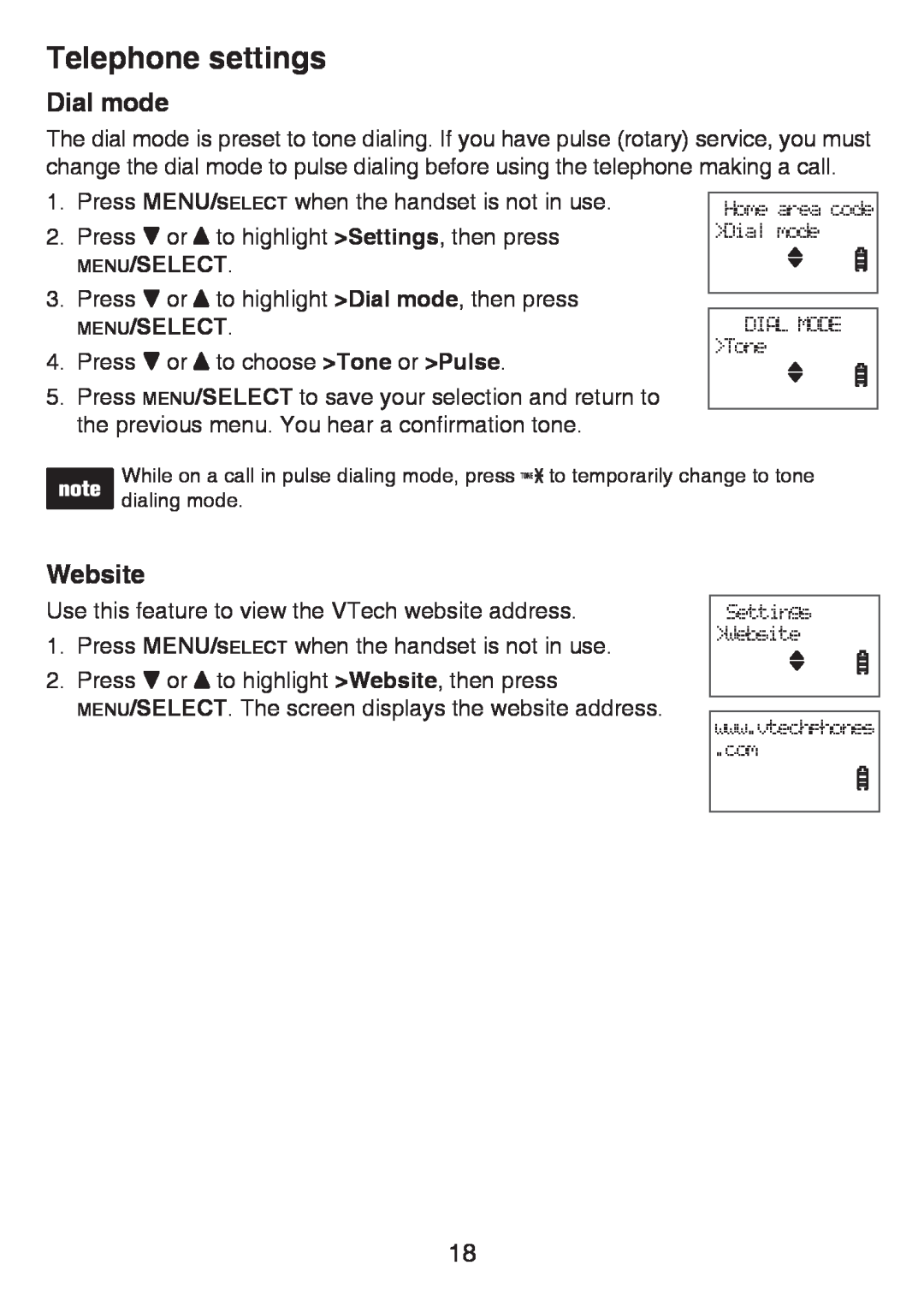 VTech LS6426-4, LS6426-3, LS6425-4, LS6425-3, LS6425-2 user manual Dial mode, Website, Telephone settings, Menu/Select 