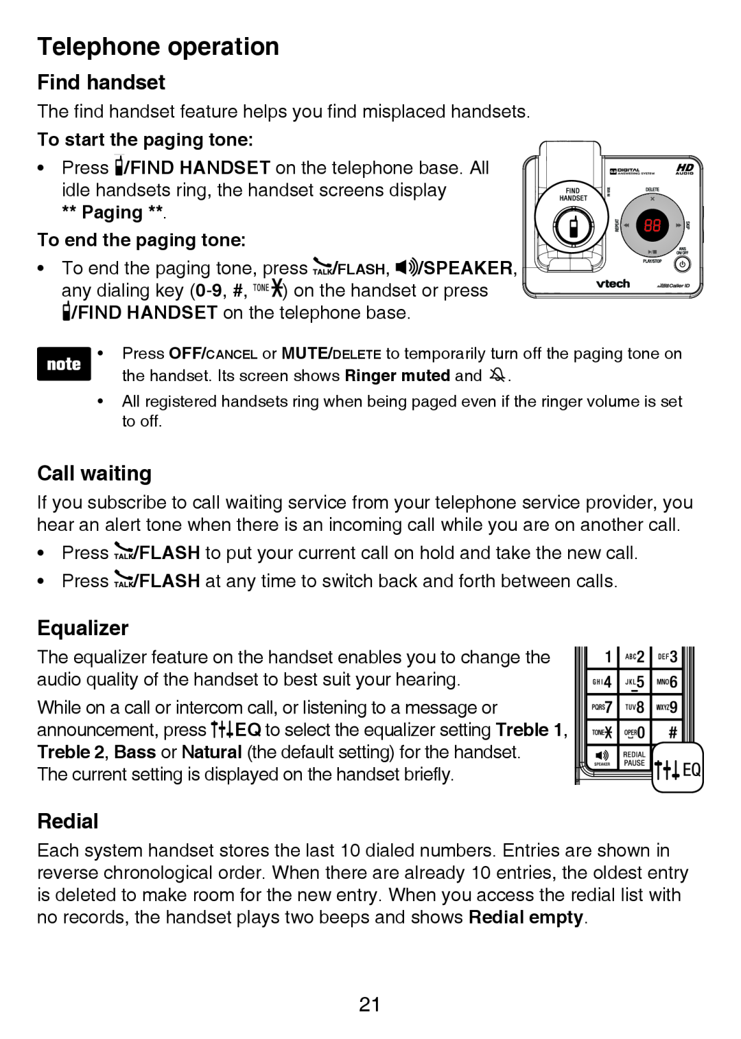 VTech LS6425-4 Find handset, Call waiting, Equalizer, Redial, To start the paging tone, Paging To end the paging tone 