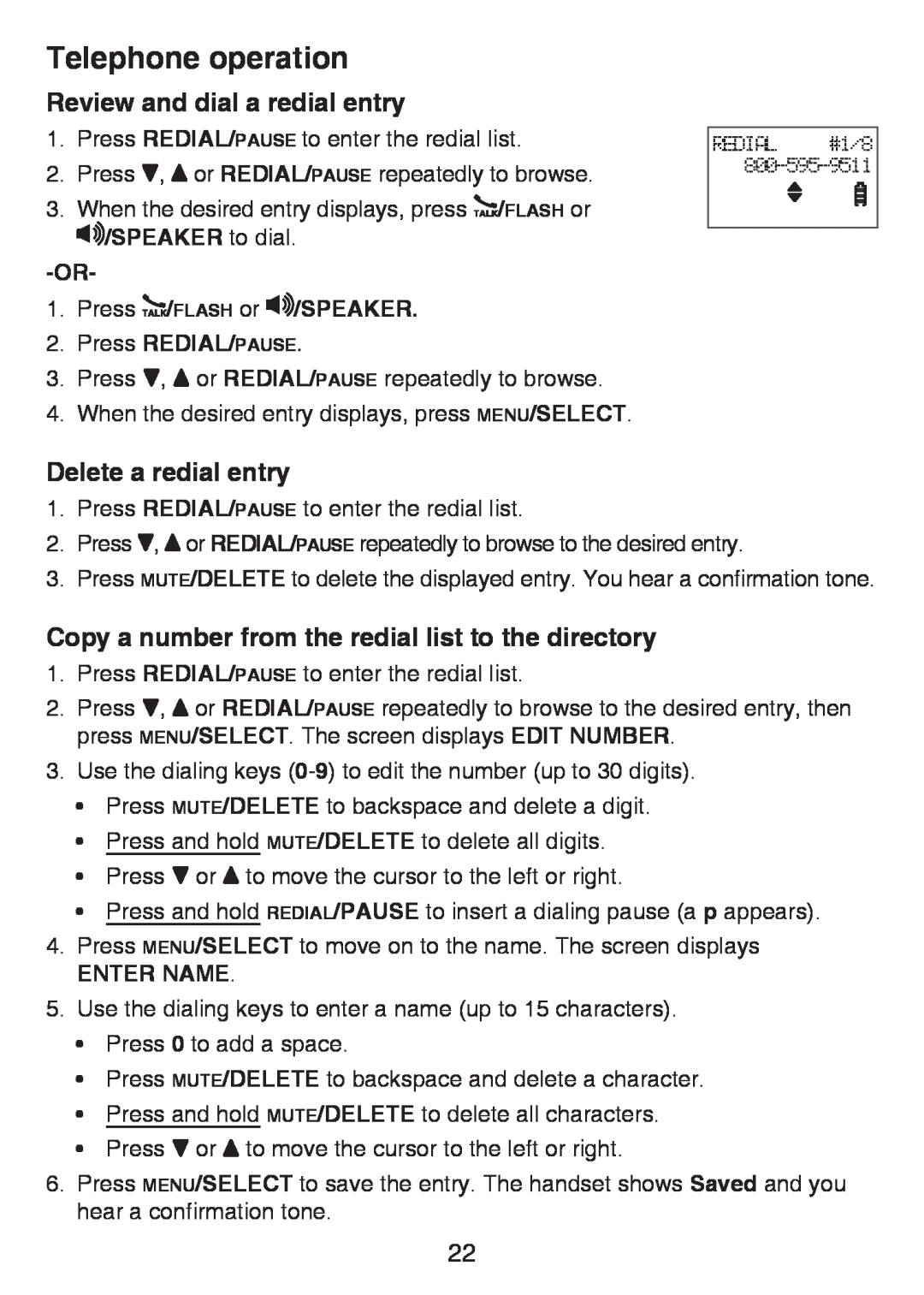 VTech LS6425-3 Review and dial a redial entry, Delete a redial entry, Copy a number from the redial list to the directory 