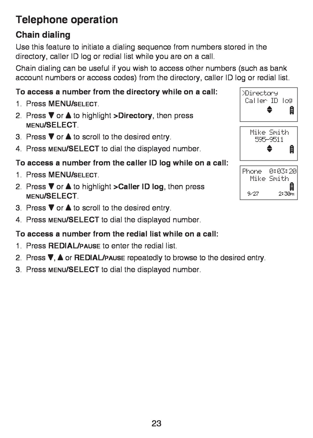 VTech LS6425 Chain dialing, To access a number from the directory while on a call, Telephone operation, Menu/Select 