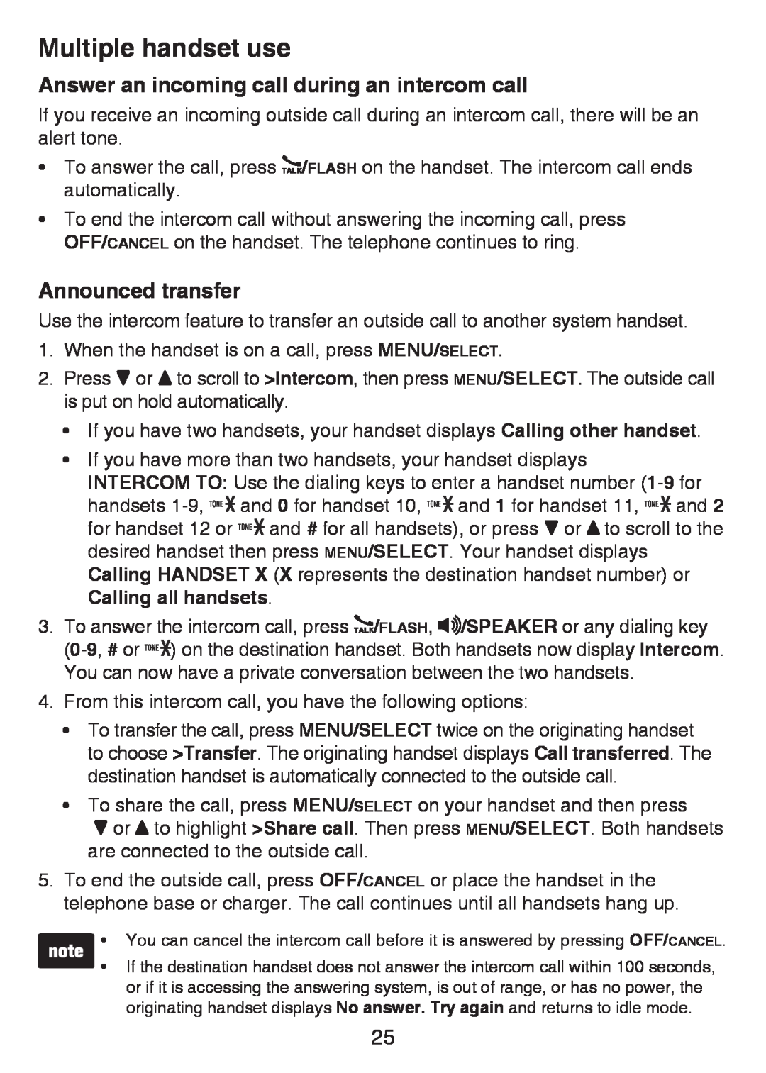 VTech LS6425-2, LS6426-3 Answer an incoming call during an intercom call, Announced transfer, Multiple handset use 