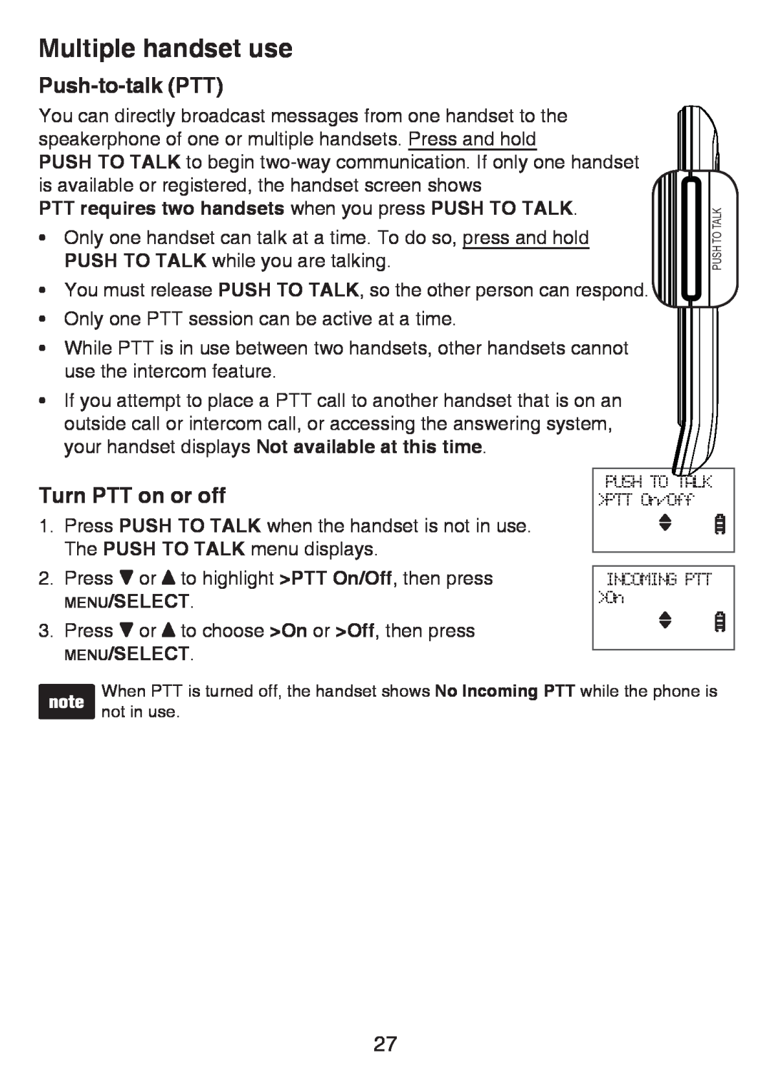 VTech LS6425-4 Push-to-talk PTT, Turn PTT on or off, PTT requires two handsets when you press PUSH TO TALK, Menu/Select 