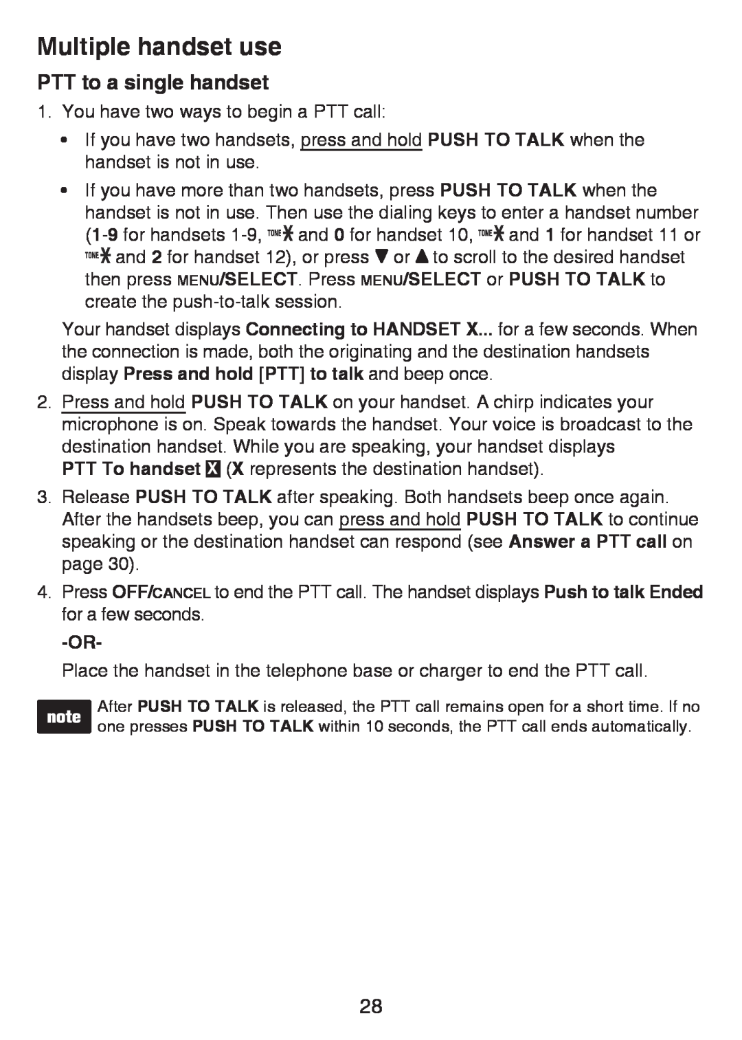 VTech LS6425-3, LS6426-3, LS6425-4, LS6426-4, LS6425-2 user manual PTT to a single handset, Multiple handset use 