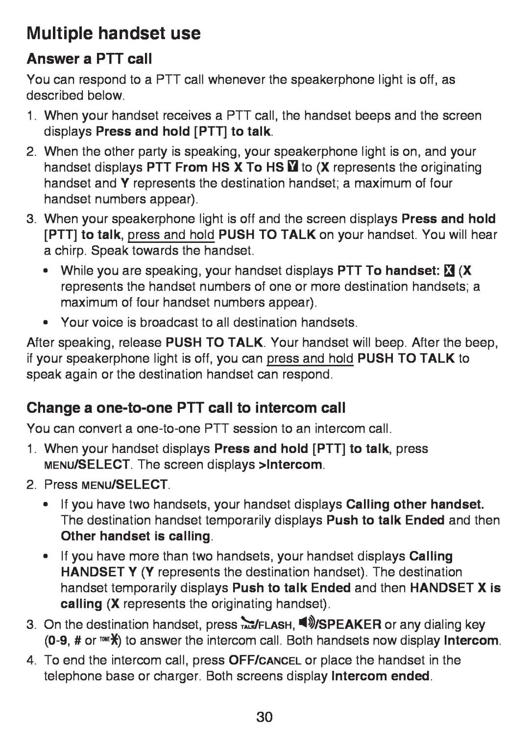 VTech LS6426-4, LS6426-3, LS6425-4 Answer a PTT call, Change a one-to-one PTT call to intercom call, Multiple handset use 