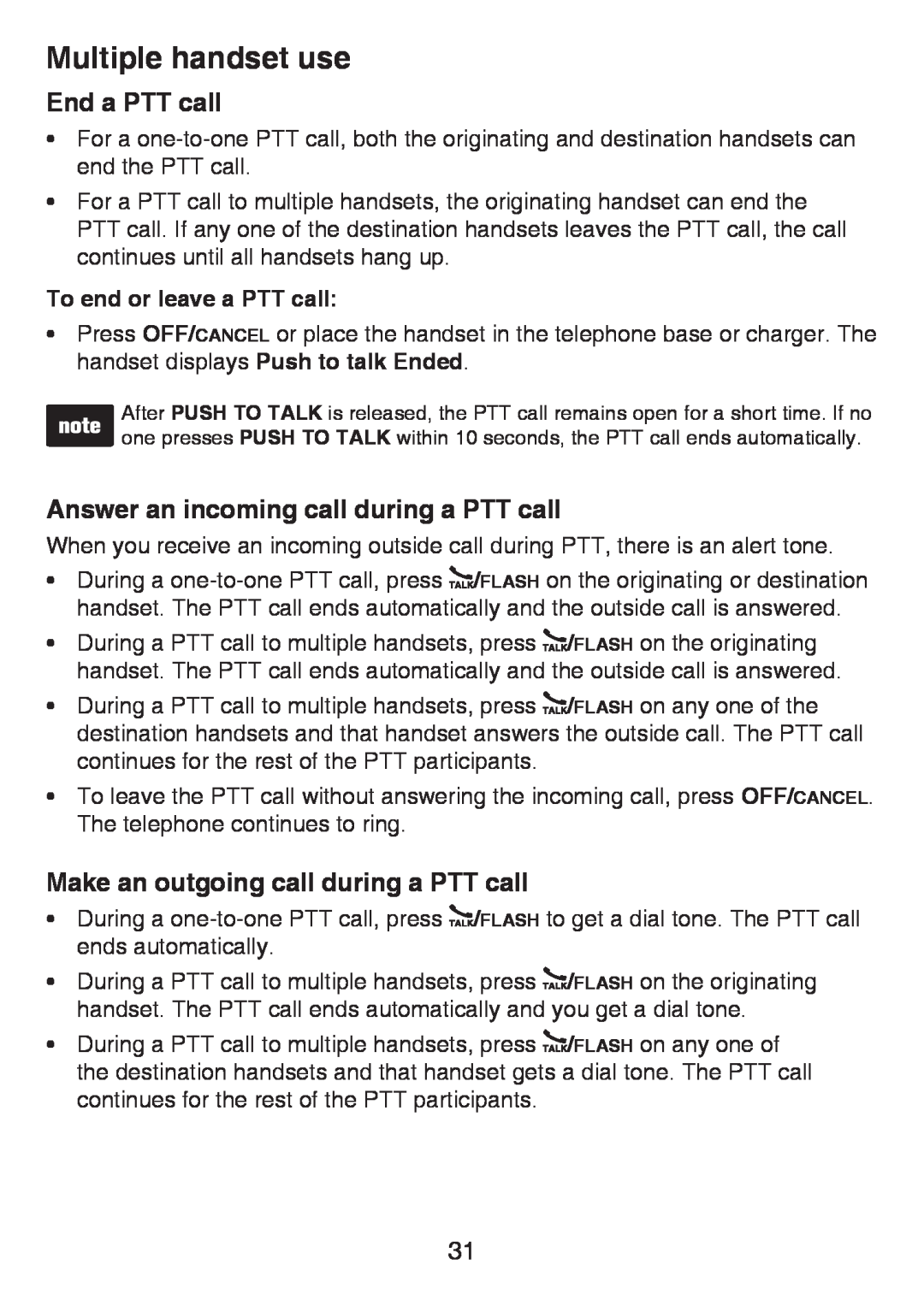 VTech LS6425-2 End a PTT call, Answer an incoming call during a PTT call, Make an outgoing call during a PTT call 