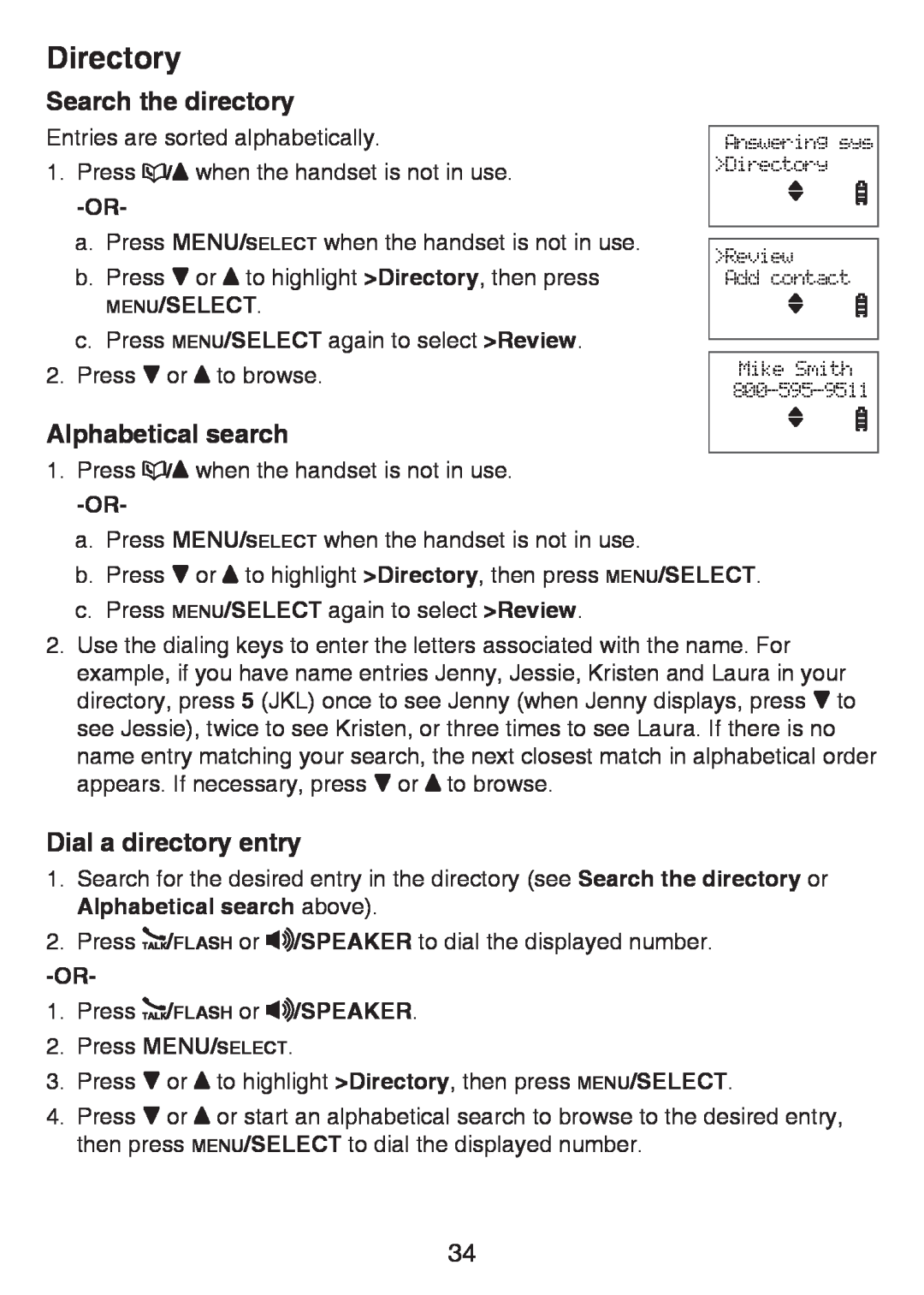 VTech LS6425-3, LS6426-3 Search the directory, Alphabetical search, Dial a directory entry, Directory, Menu/Select 