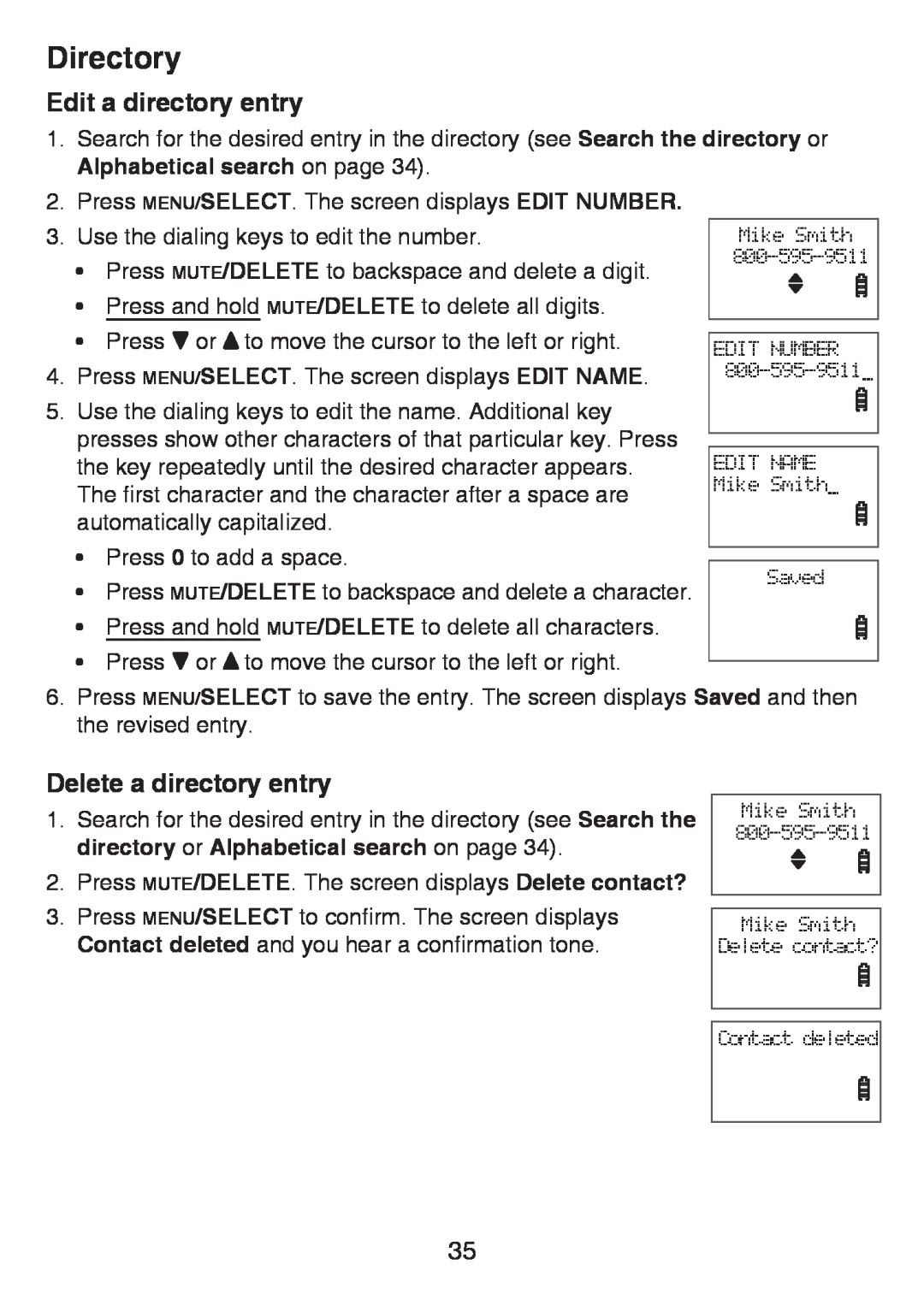 VTech LS6425, LS6426-3 Edit a directory entry, Delete a directory entry, Directory, Mike Smith Mike Smith Delete contact? 