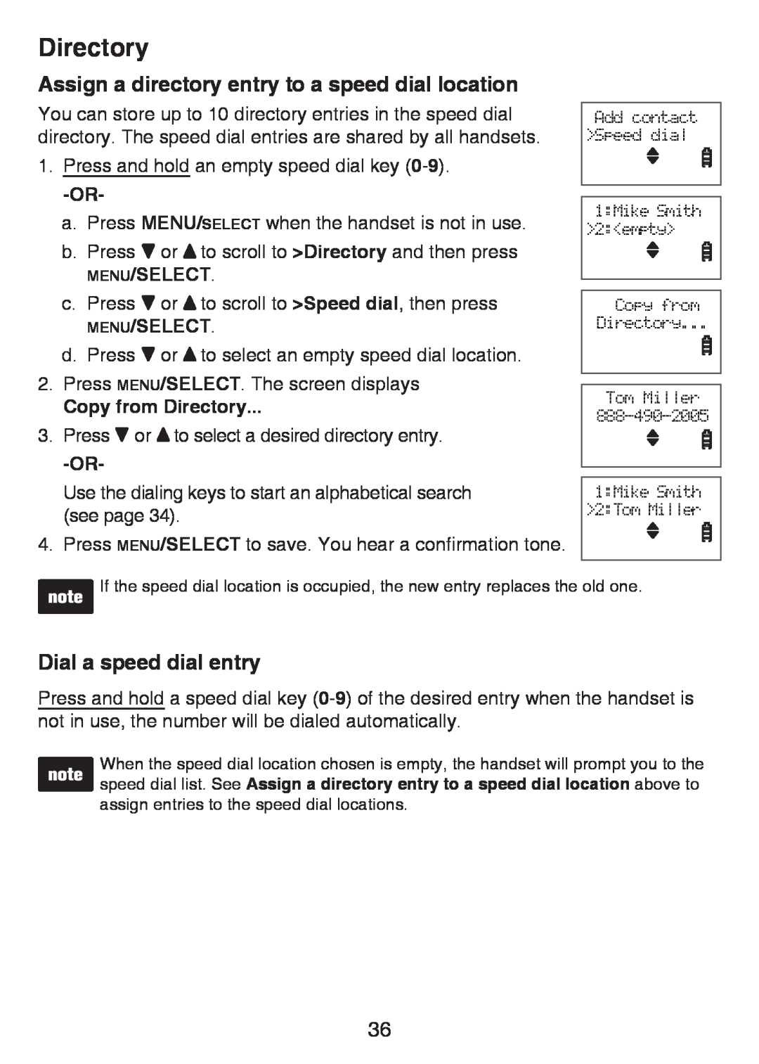 VTech LS6426-4, LS6426-3 Assign a directory entry to a speed dial location, Dial a speed dial entry, Copy from Directory 