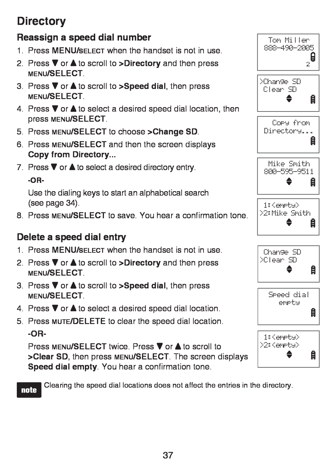 VTech LS6425-2 Reassign a speed dial number, Delete a speed dial entry, Press MENU/SELECT to choose Change SD, Directory 