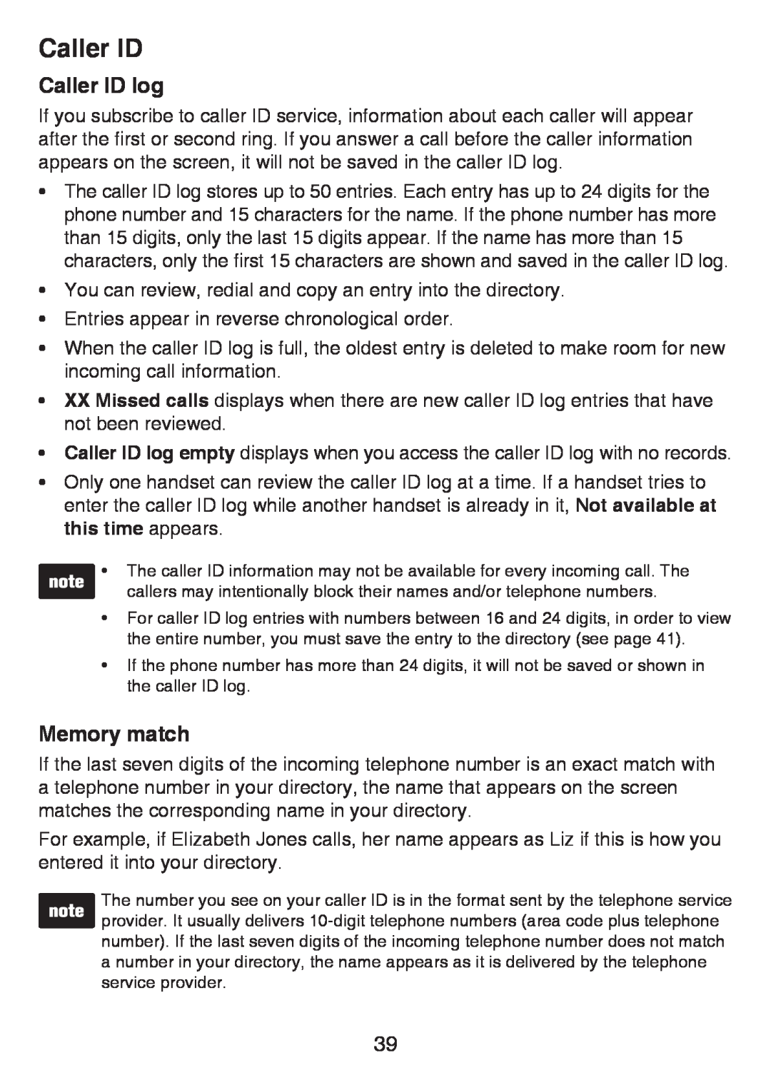 VTech LS6425-4, LS6426-3, LS6425-3, LS6426-4, LS6425-2 user manual Caller ID log, Memory match 