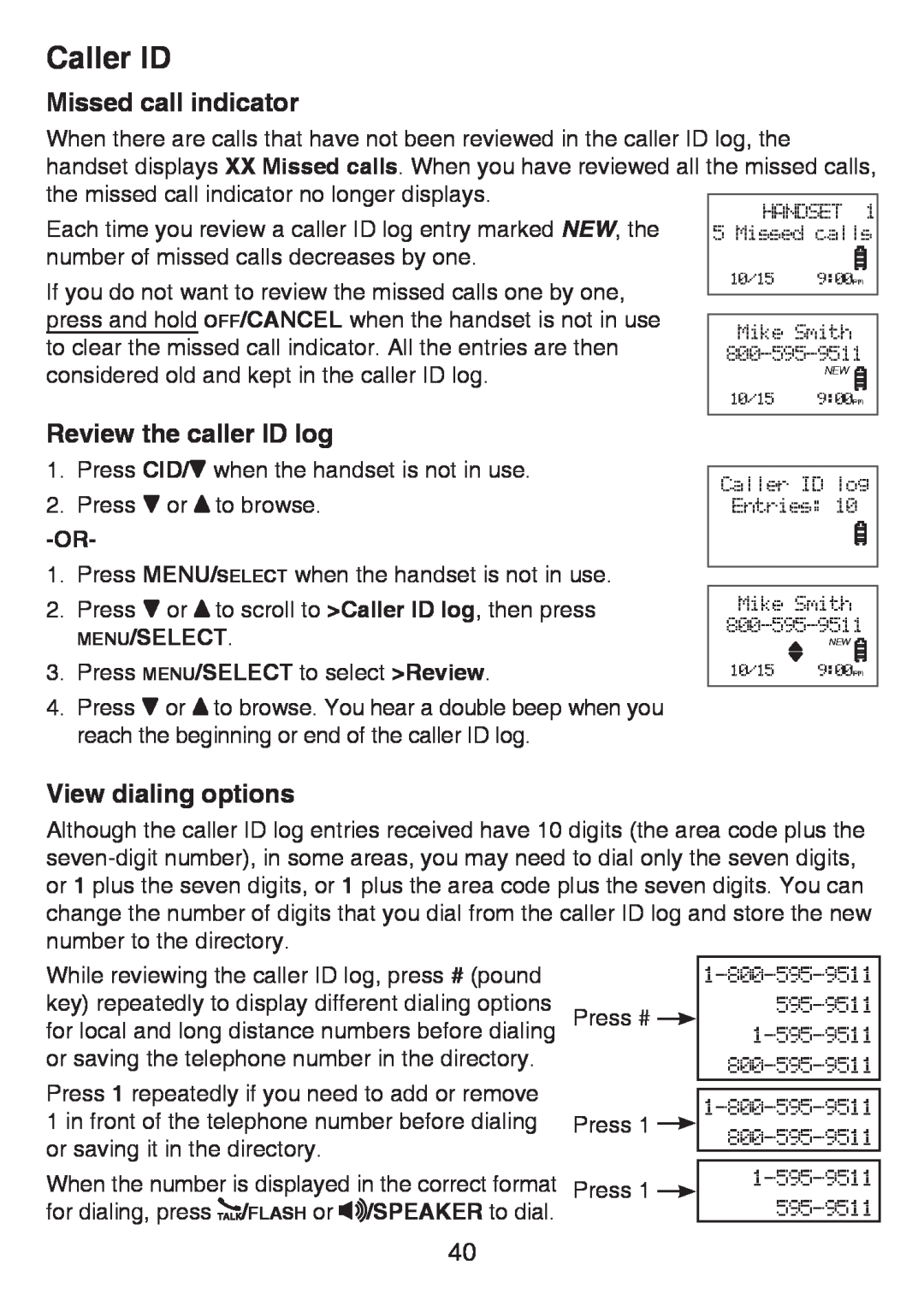 VTech LS6425-3, LS6426-3 Missed call indicator, Review the caller ID log, View dialing options, Caller ID, Menu/Select 