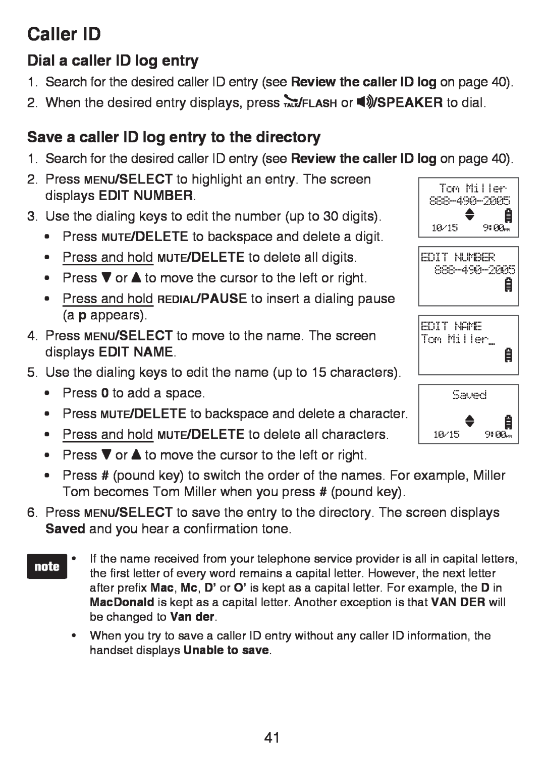 VTech LS6425 Dial a caller ID log entry, Save a caller ID log entry to the directory, displays EDIT NUMBER, Caller ID 