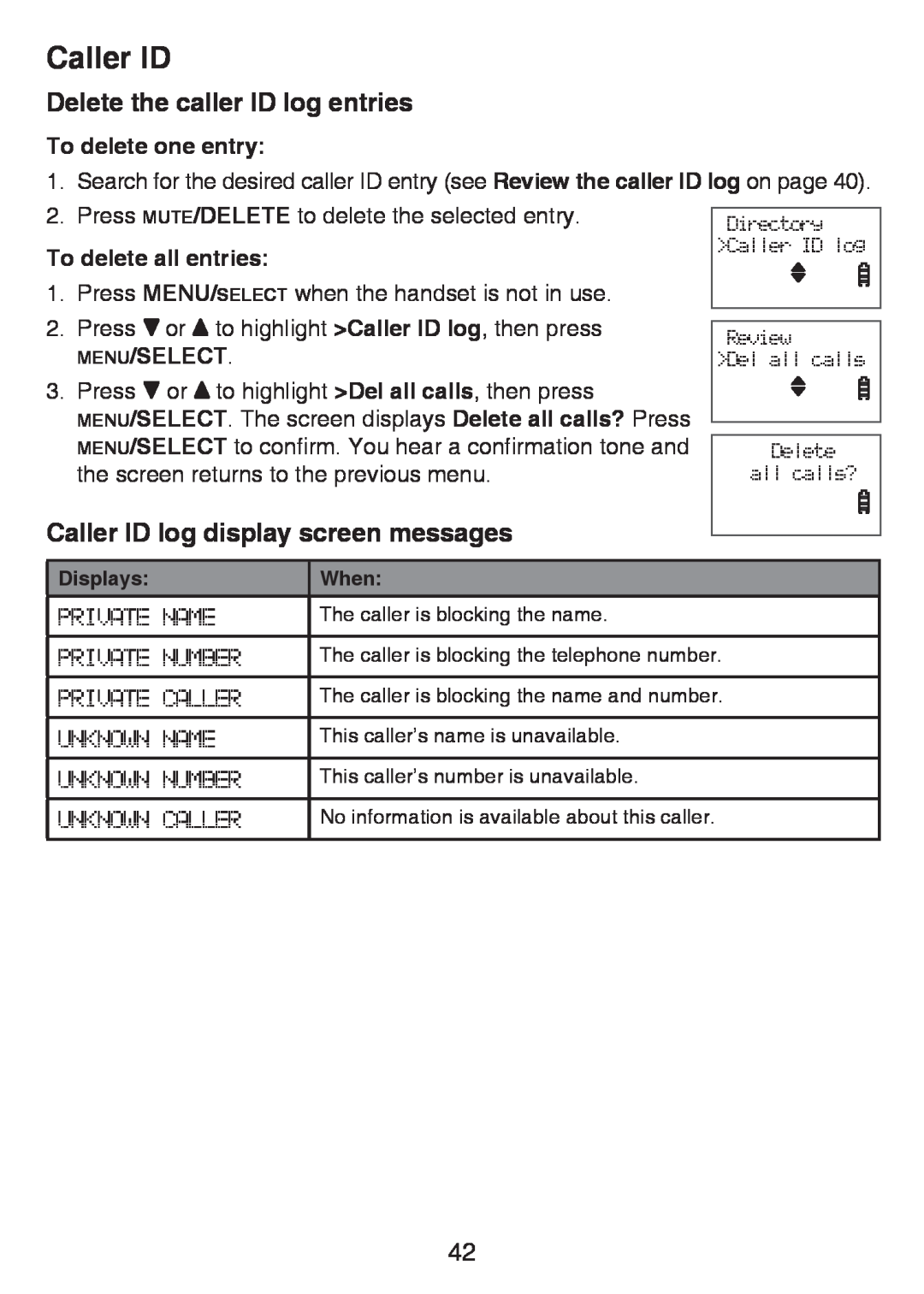 VTech LS6426-4 Delete the caller ID log entries, Caller ID log display screen messages, To delete one entry, Menu/Select 