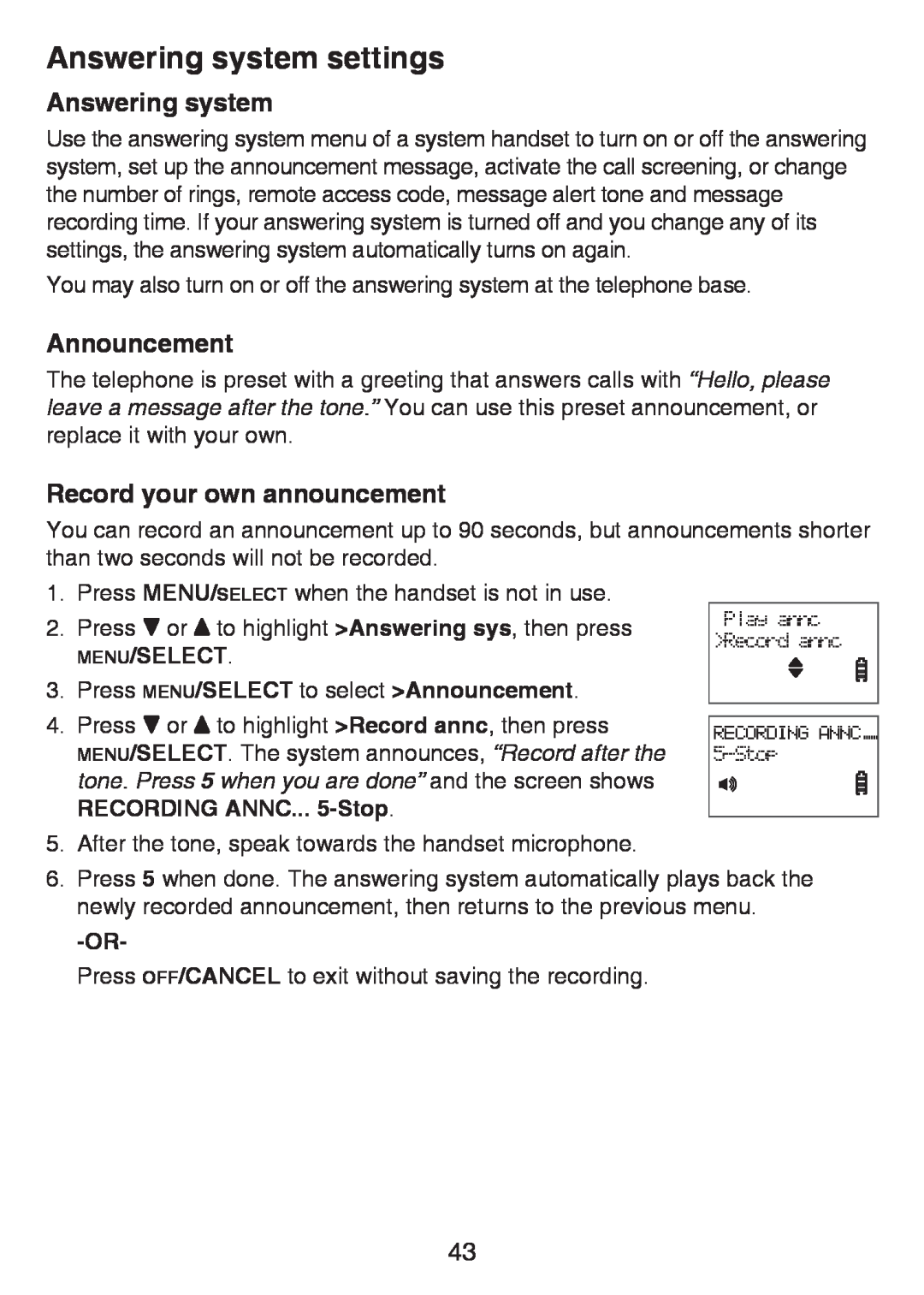 VTech LS6425-2, LS6426-3, LS6425-4, LS6425-3, LS6426-4 Answering system settings, Announcement, Record your own announcement 