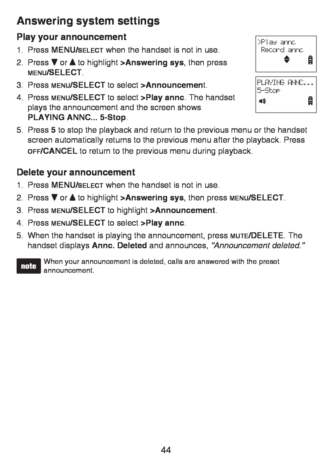 VTech LS6426-3, LS6425-4 Play your announcement, Delete your announcement, Press MENU/SELECT to highlight Announcement 