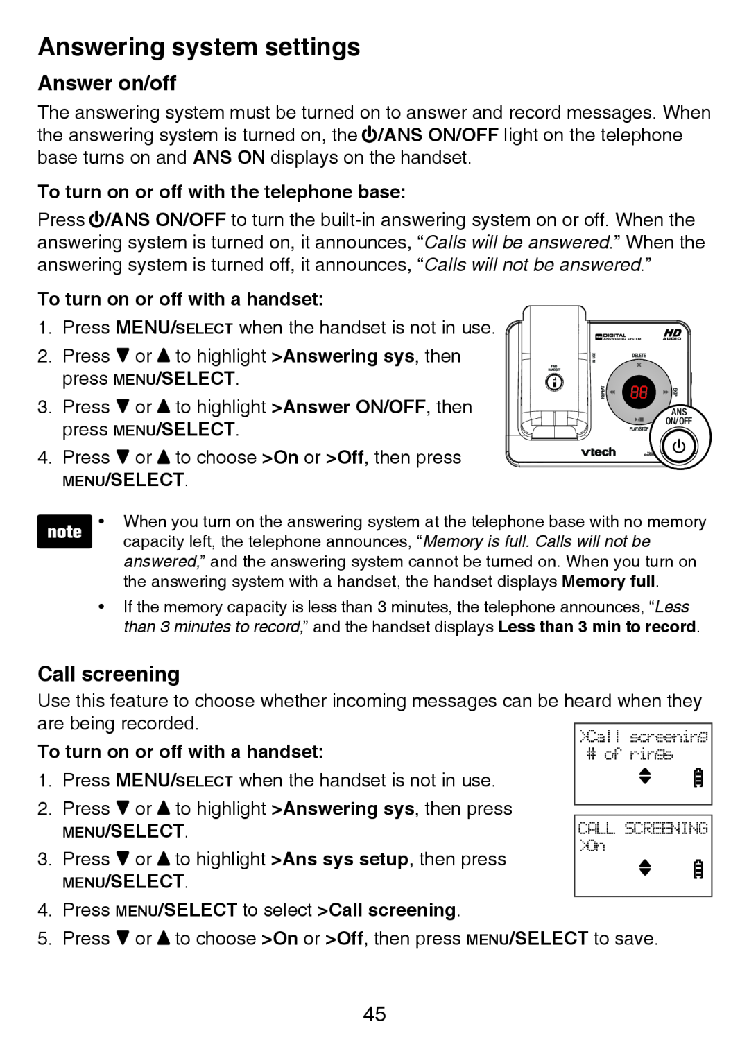 VTech LS6425-4 Answer on/off, Call screening, To turn on or off with the telephone base, To turn on or off with a handset 