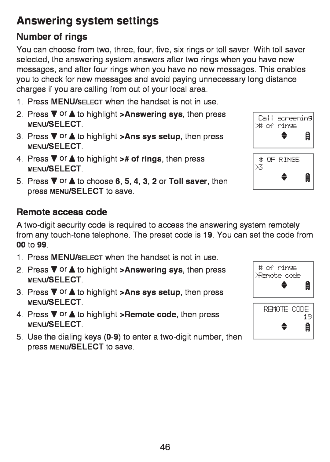 VTech LS6425-3, LS6426-3, LS6425-4, LS6426-4 Number of rings, Remote access code, Answering system settings, Menu/Select 