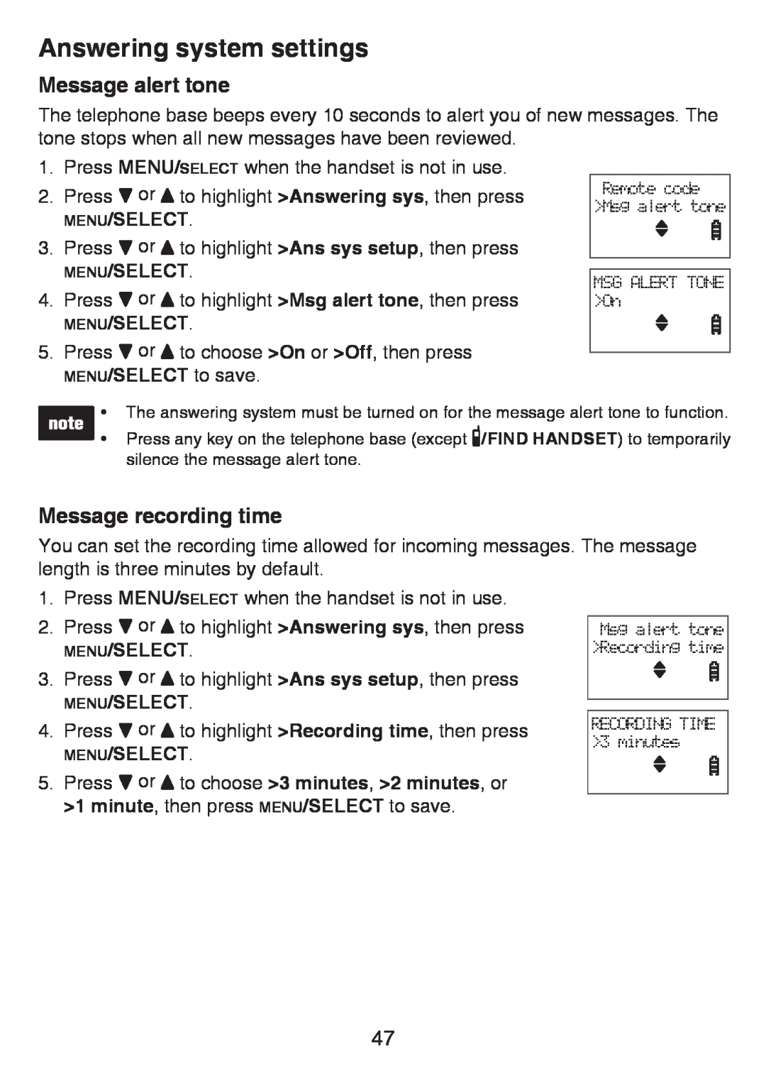 VTech LS6426-3, LS6425-4, LS6425-3 Message alert tone, Message recording time, Answering system settings, Menu/Select 