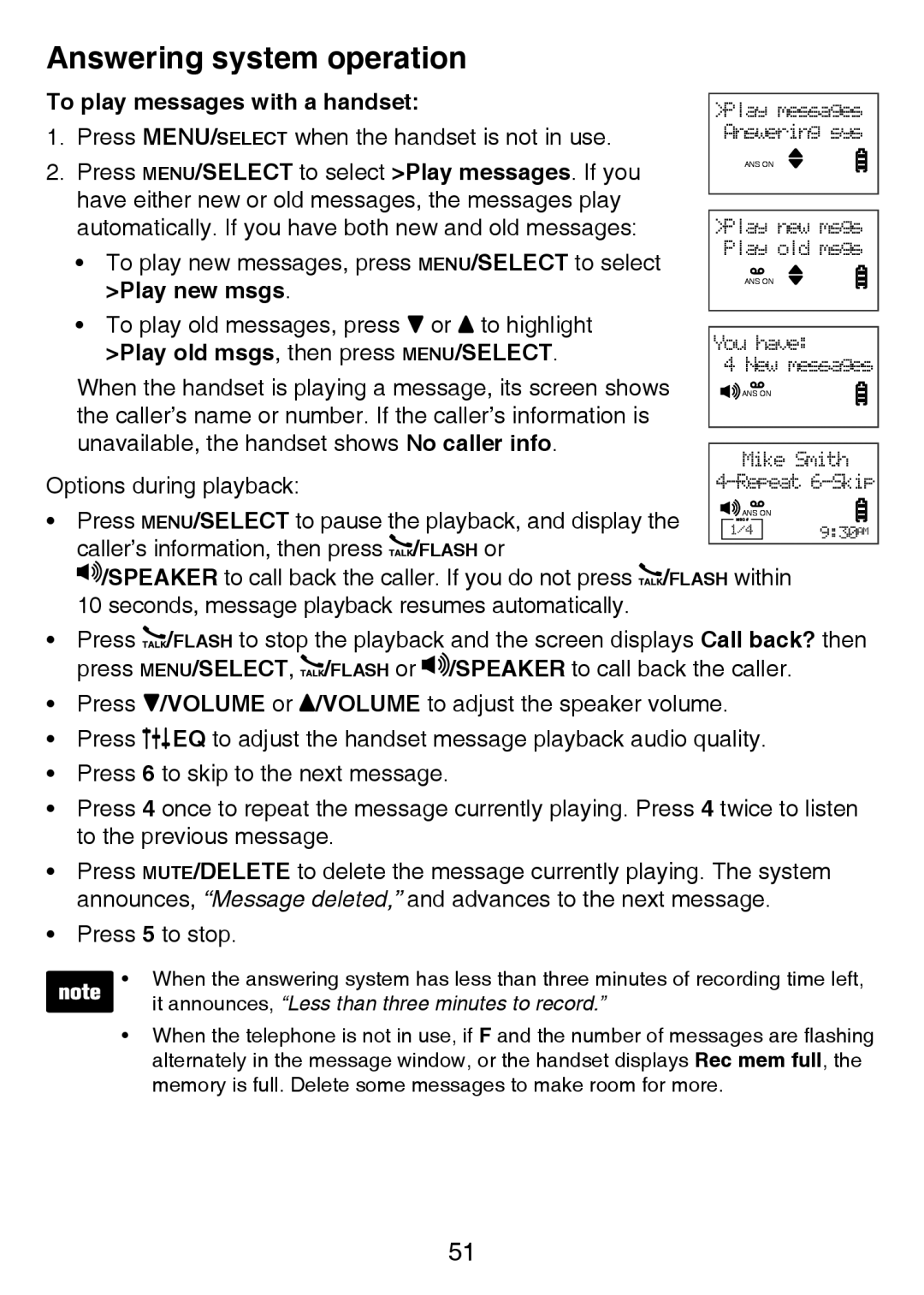 VTech LS6425-4, LS6426-3, LS6425-3 To play messages with a handset, Play new msgs, Play old msgs, then press MENU/SELECT 