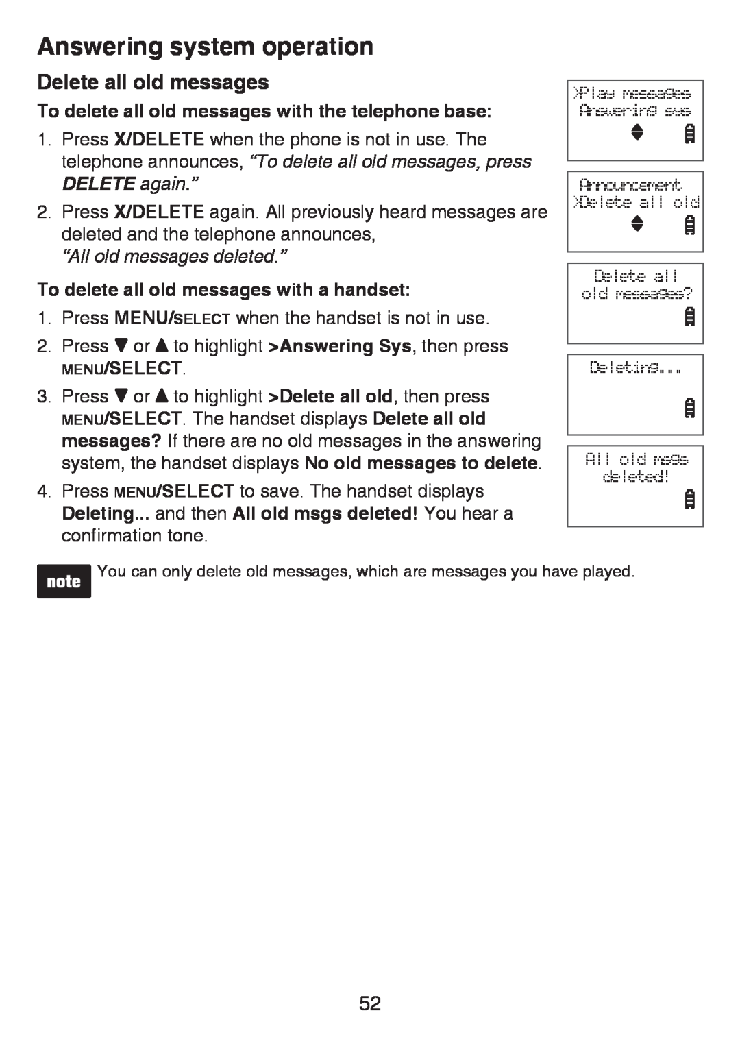 VTech LS6425-3 Delete all old messages, To delete all old messages with the telephone base, “All old messages deleted.” 