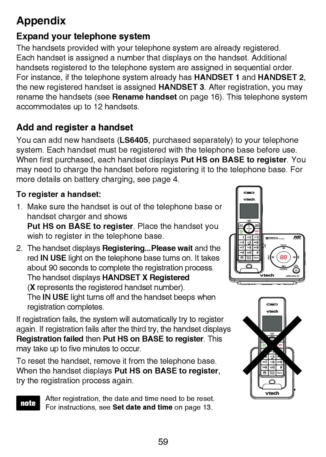 VTech LS6426-3, LS6425-4 Expand your telephone system, Add and register a handset, To register a handset, Appendix 