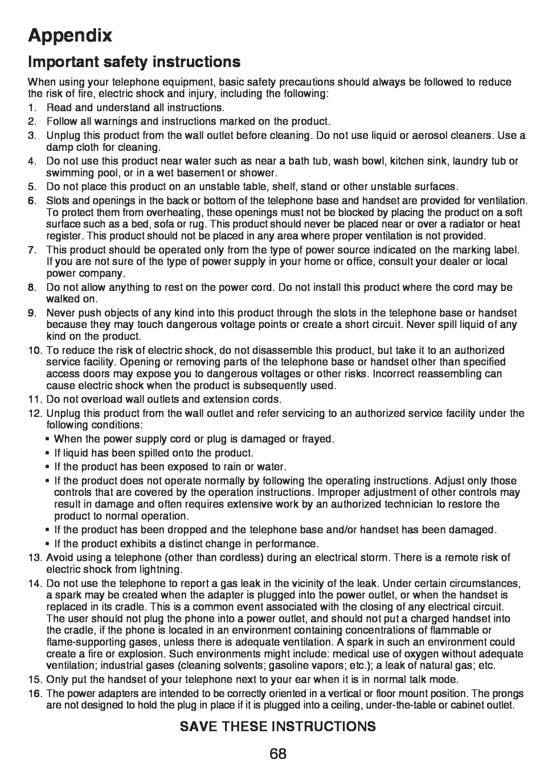 VTech LS6426-3, LS6425-4, LS6425-3, LS6426-4, LS6425-2 Important safety instructions, Save These Instructions, Appendix 