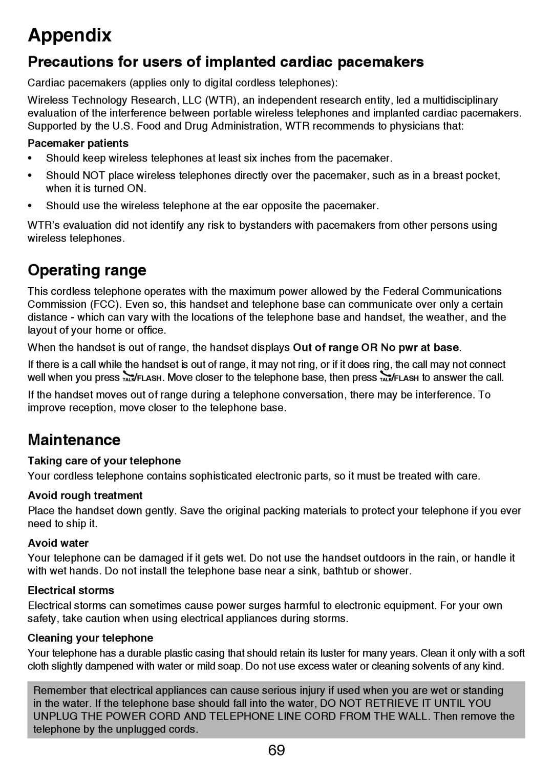 VTech LS6425-4 Precautions for users of implanted cardiac pacemakers, Operating range, Maintenance, Appendix, Avoid water 