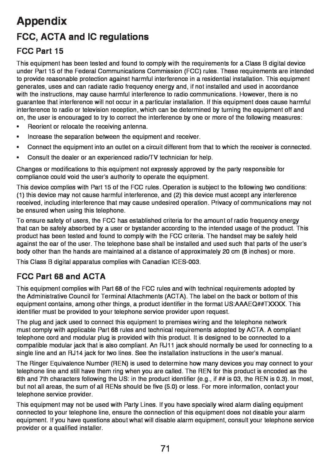 VTech LS6426-3, LS6425-4, LS6425-3, LS6426-4, LS6425-2 FCC, ACTA and IC regulations, FCC Part 68 and ACTA, Appendix 