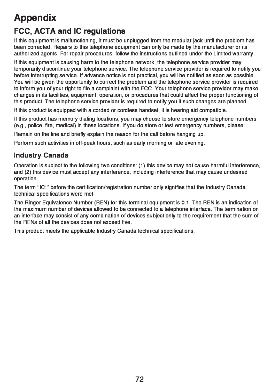 VTech LS6426-4, LS6426-3, LS6425-4, LS6425-3, LS6425-2 user manual Industry Canada, Appendix, FCC, ACTA and IC regulations 