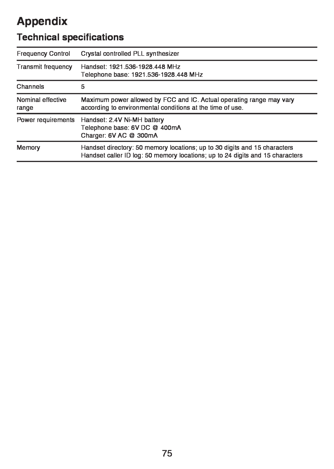 VTech LS6425-4, LS6426-3, LS6425-3, LS6426-4, LS6425-2 user manual Technical specifications, Appendix 