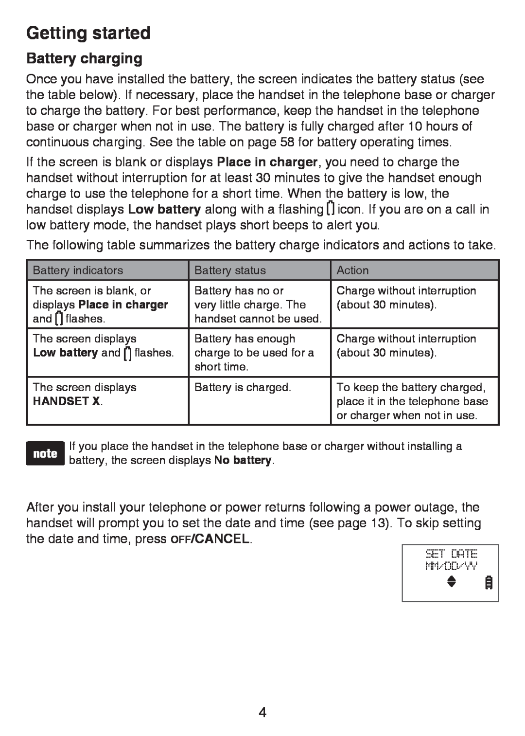 VTech LS6425-3, LS6426-3, LS6425-4, LS6426-4, LS6425-2 Battery charging, Getting started, displays Place in charger, Handset 