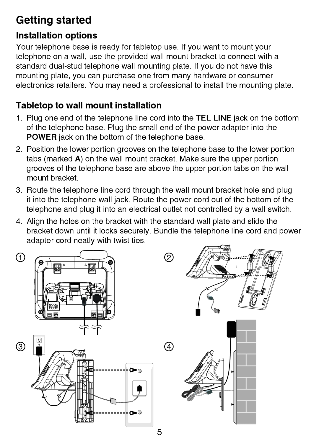 VTech LS6426-3, LS6425-4, LS6425-3, LS6426-4 Installation options, Tabletop to wall mount installation, Getting started 