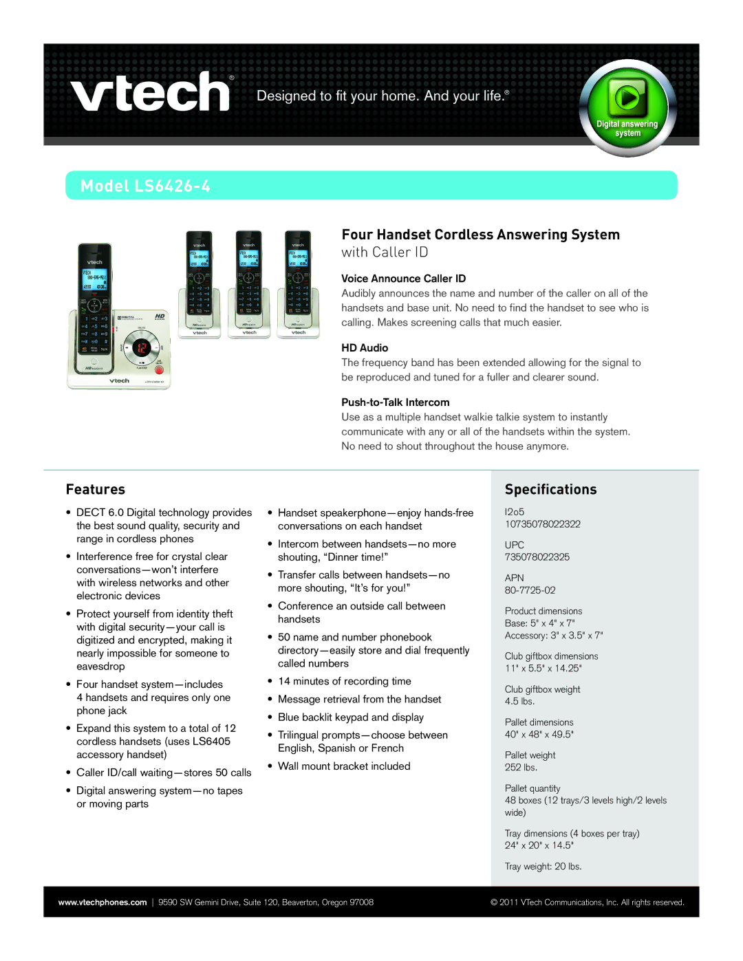 VTech dimensions Model LS6426-4, Four Handset Cordless Answering System, With Caller ID, Features, Specifications 