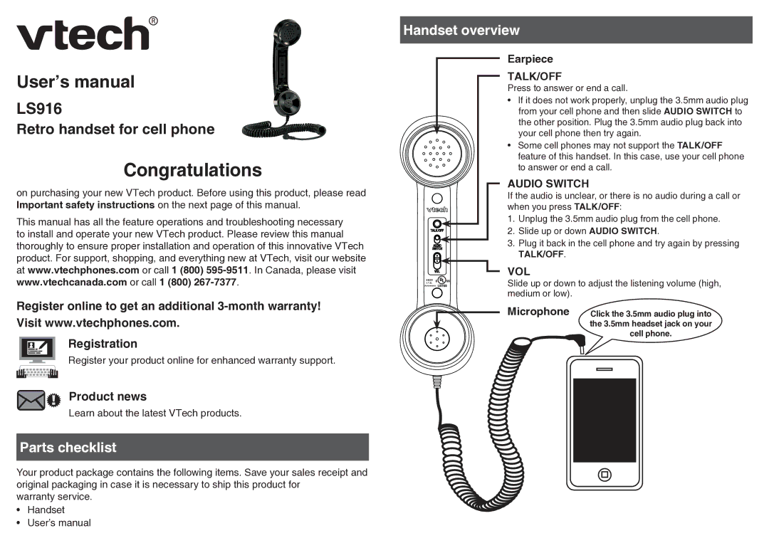 VTech LS916 user manual Parts checklist, Handset overview, Talk/Off, Audio Switch, Vol 