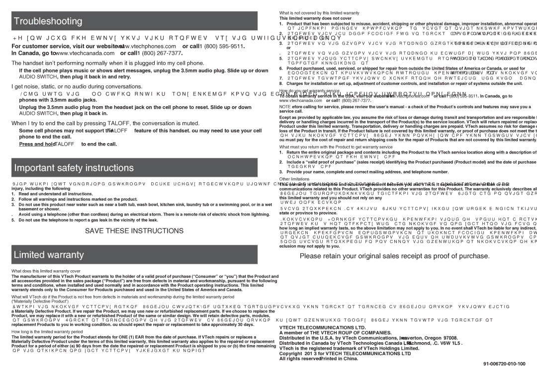 VTech LS916 user manual Troubleshooting, Important safety instructions, Limited warranty 